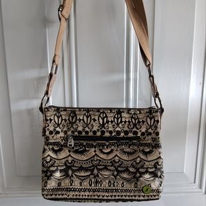 Sakroots artist circle crossbody bag peace sign cream and black